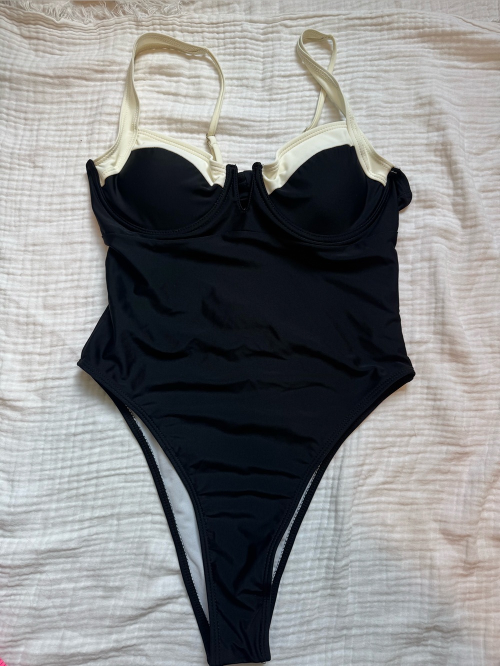 SHEIN Black One-Piece Swimsuit with Cream Trim